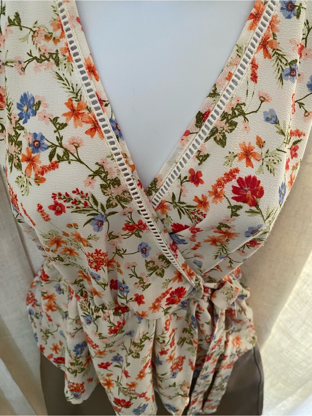 Floral Wrap Camisole in Cream with Red & Blue Blooms - Picture 3 of 11